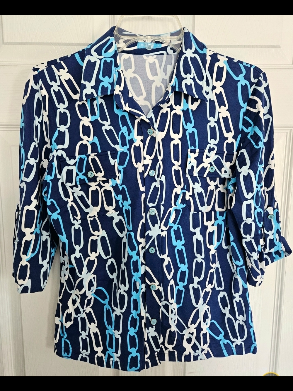 J. McLaughlin Navy Chain-Print Button-Up Blouse